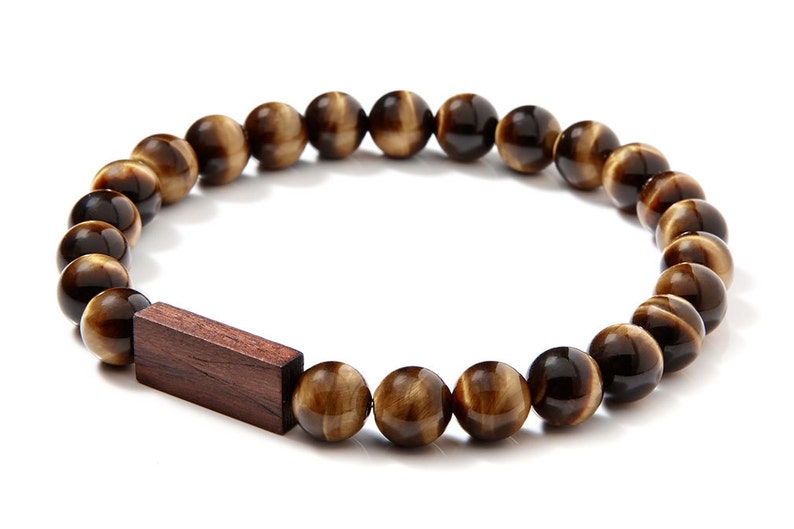 5th Anniversary Gift for Men Engravable Wood Tiger's Eye Bracelet Personalized Wood Anniversary Gift Men's Wood Gift image 2