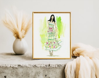 Fashion Illustration Art Print: Green Room Decor, Blue Dress