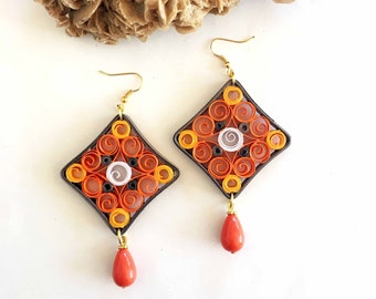 dangling earrings in orange quilling paper with teardrop stone, paper jewelry, eco friendly