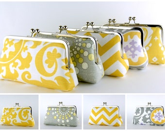 Grey Yellow Clutch with Silk Lining, Bridesmaid Gift, Wedding clutch, Grey and Yellow collection