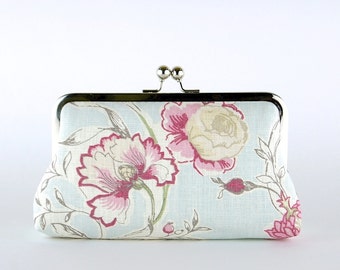 Floral Linen Bridesmaid Clutch: Ice Blue & Blush Silk Lining