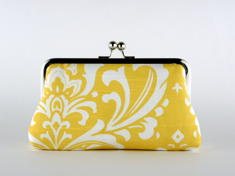 Bridesmaid Clutch, Baroque in Yellow Clutch, Silk Lining, Bridesmaid Gift, Wedding clutch, Grey and Yellow collection image 1