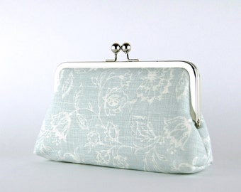 Wedding  Clutch, Wildflowers in Ice Blue Clutch, Silk Lining, Bridesmaid Gift, Bridesmaid clutch, Ice and Blush collection