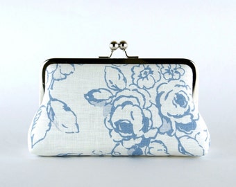 Wedding  Clutch, Roses in Denim Blue Clutch, Silk Lining, Bridesmaid Gift, Bridesmaid clutch, Denim collection