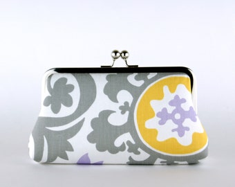 Grey Yellow Clutch with Silk Lining, Bridesmaid Gift, Wedding clutch, Grey and Yellow collection