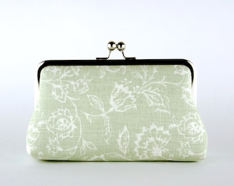 Bridesmaid Clutch, Wildflowers in Sage Green Clutch, Silk Lining, Bridesmaid Gift, Sage Green & Pink collection