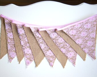 Rustic Bunting Banner, Burlap Lace Banner, Bridal Shower, Baby Shower, Party Decorations, Birthday Decor