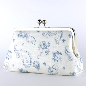 English Garden Linen Clutch: Denim Blue Floral Kisslock Purse
