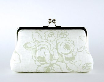 Bridesmaid Clutch, Shabby Chic Wedding, Roses in Sage Green Clutch, Silk Lining, Bridesmaid Gift,  Sage Green & Pink collection