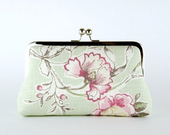 Bridesmaid Clutch, Flowers in Sage Green Clutch, Silk Lining, Bridesmaid Gift, Wedding clutch, Sage Green & Pink collection