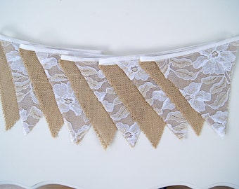 Rustic Bunting Banner, Burlap Lace Banner, Bridal Shower, Baby Shower, Party Decorations, Birthday Decor