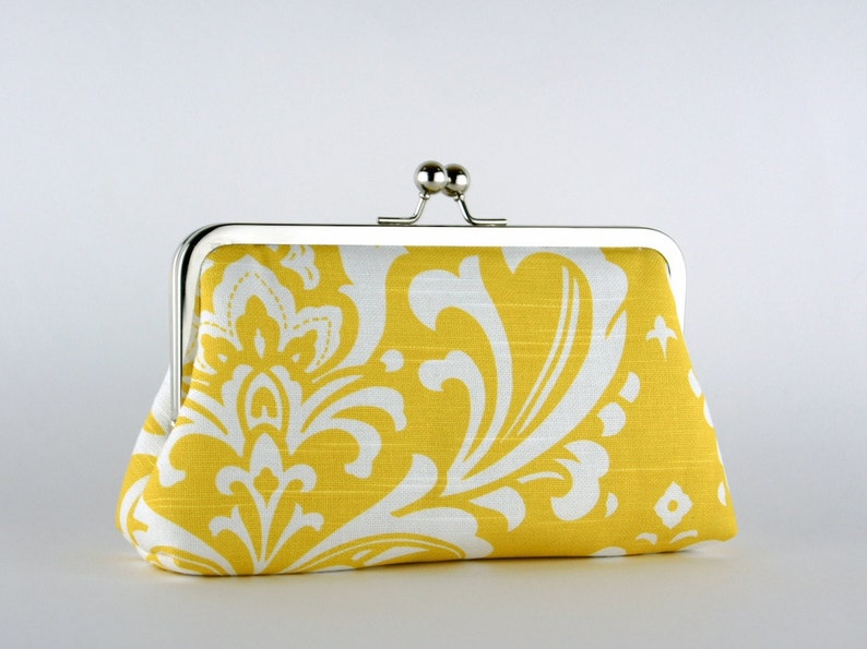 Bridesmaid Clutch, Baroque in Yellow Clutch, Silk Lining, Bridesmaid Gift, Wedding clutch, Grey and Yellow collection image 2