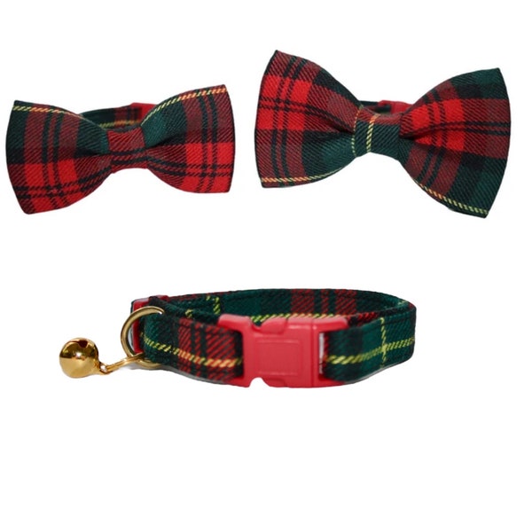 Vintage Navy, Red & Green Tartan Plaid Scottish Breakaway Collar for Cat/Kitten/ WITH/WITHOUT Matching Bow Tie - Cat Lover Gift