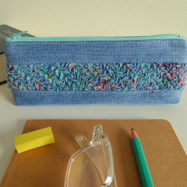 Pencil Case  Reused denim and hand made Chenille; Upcycled denim pencil holder