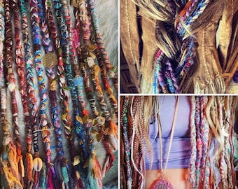 BOHEMIAN SPIRIT Thread-Dread ++ (one) 1 Boho-Dread Wrap Made-to-Order feathers leather beads Extension HairWrap Extension Clip-in Dreads