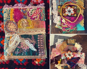Boho Embellished Scrap material || India saris || unique textiles || junk journal || Upcycled || repurposed || colourful || create || golds