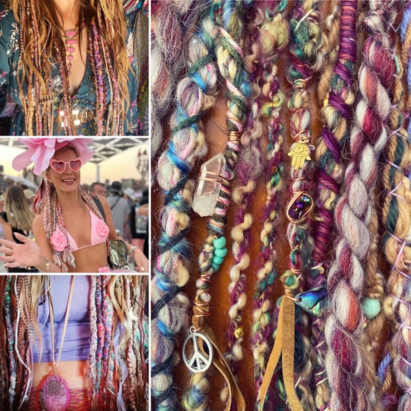 10 corbatas Cali-Girl individuales en Boho Spirit Thread-Dreadz CUSTOM COLORS cristales, plumas, amuletos de cuero, chica Cali única