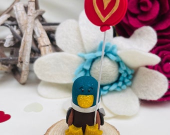 Valentines duck, duck gift, polymer clay duck, handmade polymer clay figure, mallard duck, duck figurine