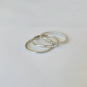 Sterling silver stacking ring set, minimalist ring trio, simple silver jewelry, 3 ring set, dainty rings, beaded ring, hammered ring, gift