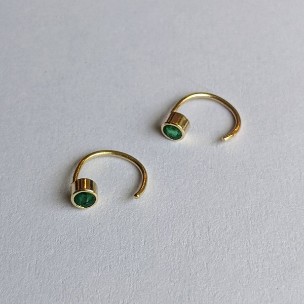 Emerald huggies, solid gold huggies, solid gold hoops, gold emerald earrings, real gold earrings, minimal gold earrings, real gold huggies