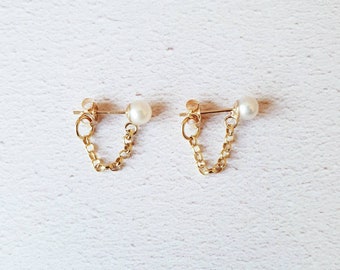 Pearl chain earrings, pearl chain studs, gold pearl earrings, dainty pearl studs, dainty chain studs, gold pearl studs, gold chain earrings