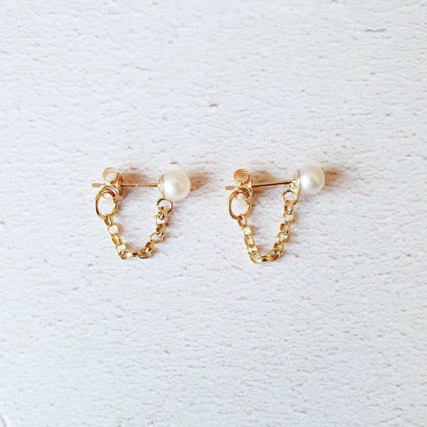 Pearl chain earrings, pearl chain studs, gold pearl earrings, dainty pearl studs, dainty chain studs, gold pearl studs, gold chain earrings