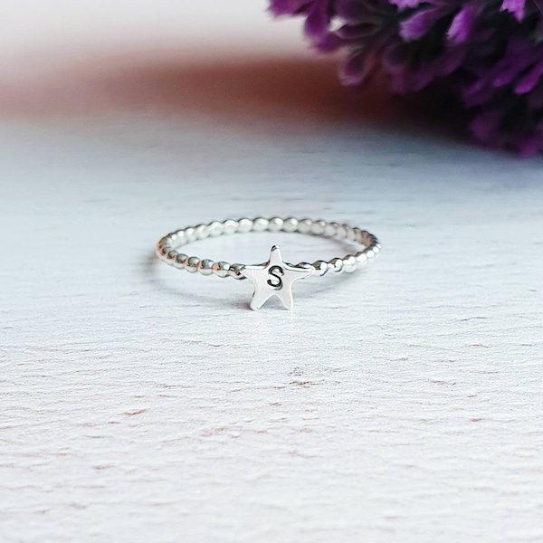 Sterling silver star stacking ring, personalised star ring, hand stamped initial jewelry, birthday present, gifts for her, customised ring