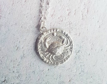 Silver zodiac coin necklace, cancer zodiac jewellery, minimalist crab necklace, dainty sterling silver pendant, June birthday gift for her