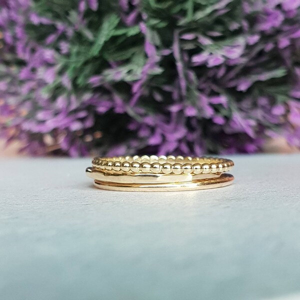 9 carat gold stacking ring set, solid gold ring trio, real gold bands, minimalist gold jewellery, set of 3 rings, plain hammered beaded ring