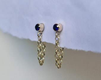 9ct solid gold blue sapphire chain earrings , blue sapphires earrings in gold