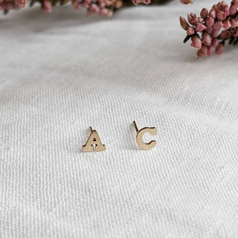 9ct gold initial studs, gold initial earrings, solid gold personalised earrings, 9k gold studs, custom earrings, minimalist alphabet studs image 5