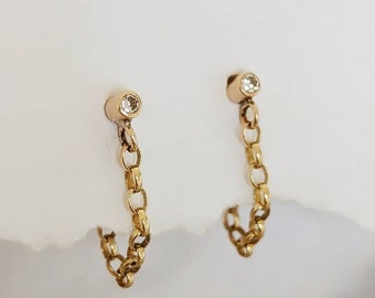 Pendientes de diamantes, pendientes de cadena, tachuelas de cadena de diamantes, tachuelas de diamantes diminutos, pendientes de diamantes reales, tachuelas de cadena de oro, pendientes de diamantes de oro