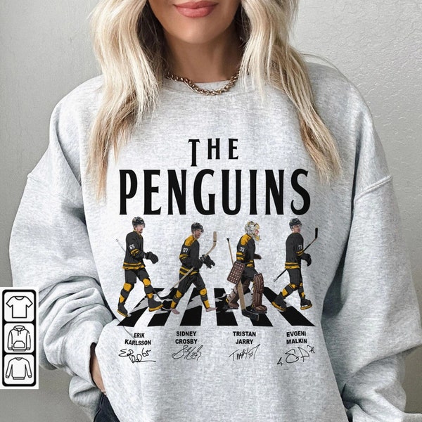 Penguins Walking Abbey Road handtekeningen ijshockeyshirt, Erik Karlsson, Sidney Crosby, Evgeni Malkin, Jarry, Pittsburgh Vintage