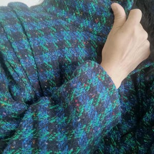 Vintage Tweed Wool coat 1980's Batwing Sleeve Hand taylored winter coat houndstooth classic check green & blue  * No USA shipping available