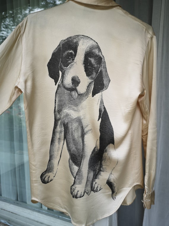 Vintage MOSCHINO shirt 90's It's a Dog's world  Cheap & Chic women's designer top dog print art satin collectable fashion Dog art