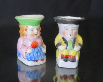 Vintage Pair of Colonial Figural Mini Mugs Shot Glasses Collectible Toothpick Holders Figurines Colonial Couple