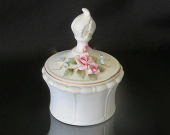 Lefton Vintage Powder Jar Powderpuff Jar Trinket Box Hand Painted with Applied Flowers and Leaves 1940s Marked