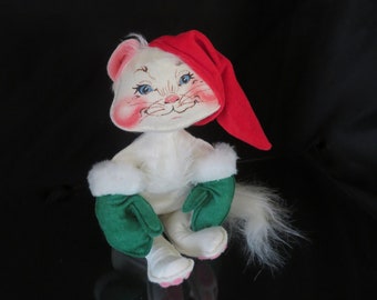 AnnaLee Anna Lee Mobilitie 1989 Hand Painted Posable Christmas Collectible White Cat Kitty w/Geen Mittens and Red Hat Plush Doll Stuffed