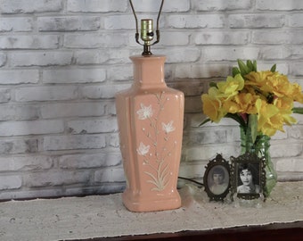 Vintage Pink Porcelain Table Lamp with Hand Painted Flowers and Sculpted Vines. 1960s