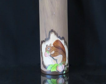 Signed Joan Pompa Art, Hand Painted Award Winning Vase by Local Florida Artist, Squirrel with a Strawberry