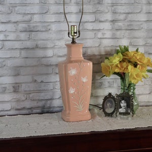 Vintage Pink Porcelain Table Lamp with Hand Painted Flowers and Sculpted Vines. 1960s