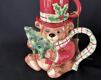 Fitz and Floyd Snack Therapy Teddy Bear Christmas Tea Pot and Cup Collectible Cookies for Santa
