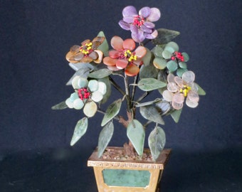 Handmade Asian Bonsai Plant Flowers Polished Stone Soapstone Rose Quartz, Celedon, Agate Chinese Fine Art