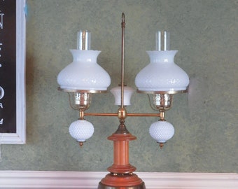 Vintage Hobnail Milk Glass 2-Light Electric Converted Oil Lamp Antique Lamp Mid-Century Table Lamp 1950s 1960s Victorian Style Gas Lamp