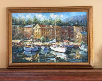 K. Hillman Original Ölgemälde auf Leinwand Segelboote am Mittelmeer Hafenkanal in Italien Signiert vom Künstler 1960er Jahre