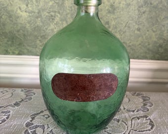 Antique Green Glass Bottle with Metal Plate Label