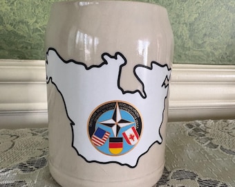German United States Canada Military Emblem Salt-Glazed Beer Mug Stein 1970s NATO Friendship