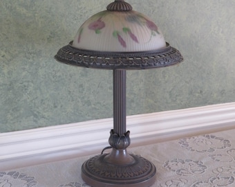 Vintage Frosted Glass Bronze Finish Table Lamp with Hand Painted Flowers