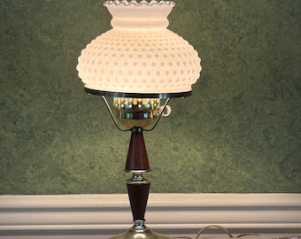Vintage Hobnail Milk Glass and Wood Table Lamp