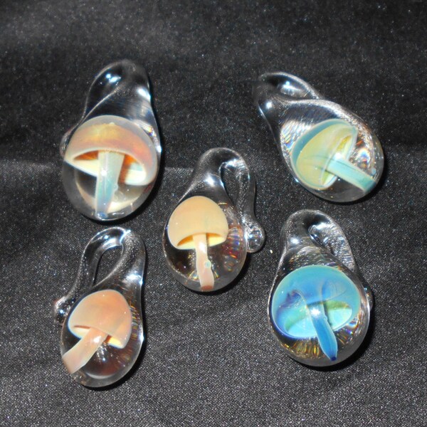 Lot of 5 Hand Blown Assorted Color Borosilicate Glass Mushroom Pendants - Pass the Glass Studio, USA